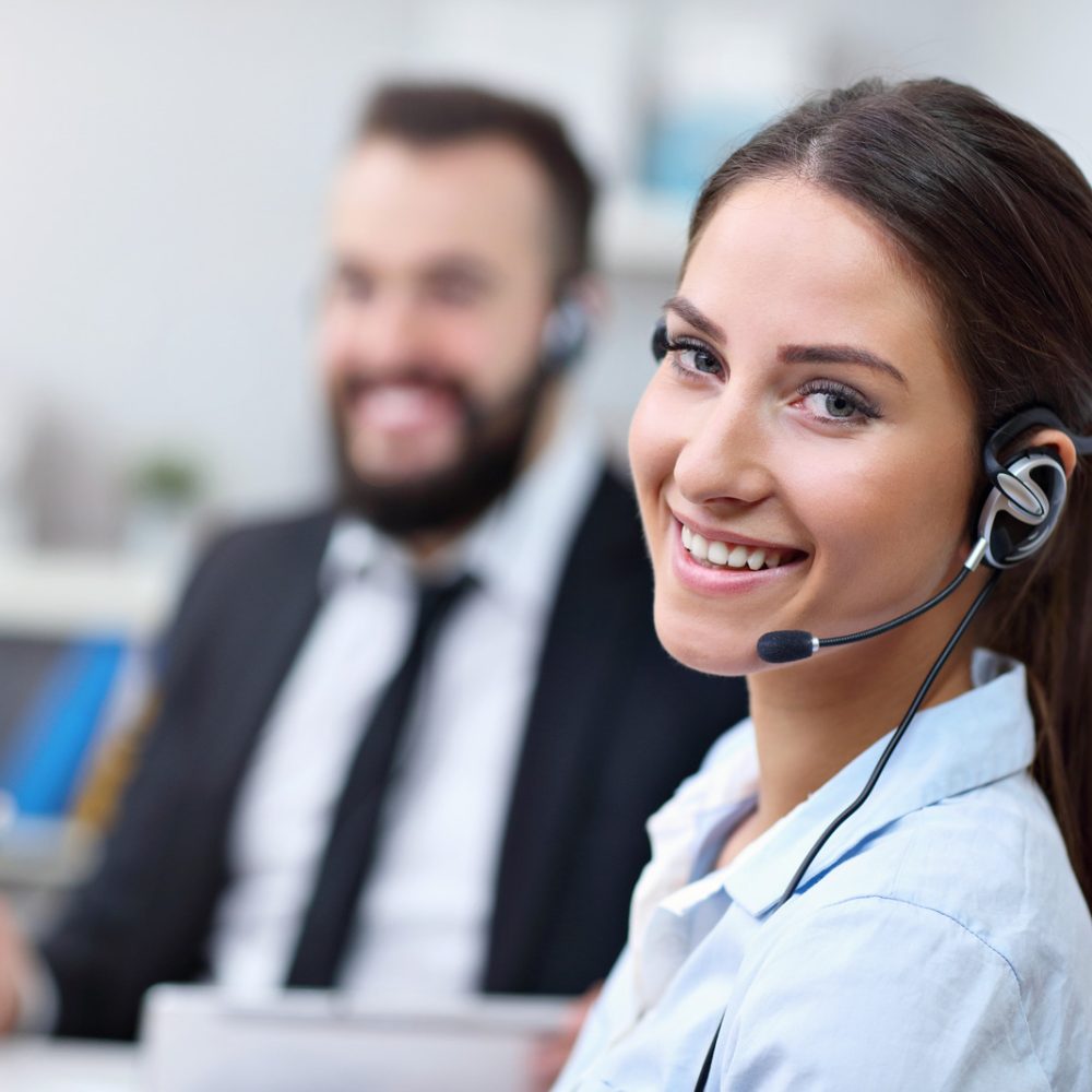 Picture showing pretty woman in call center